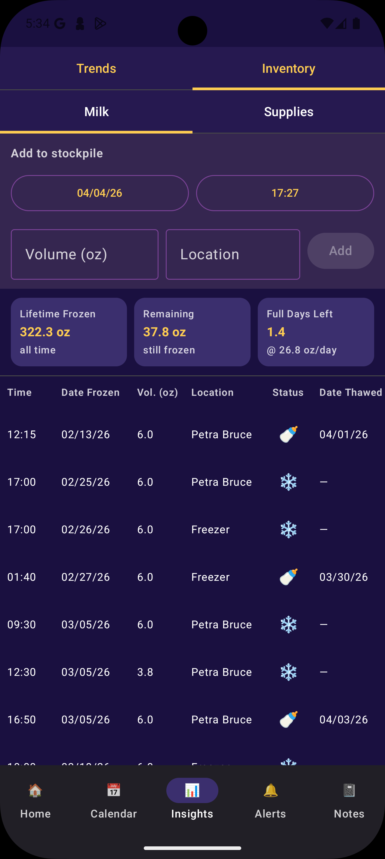 Milk Inventory screen