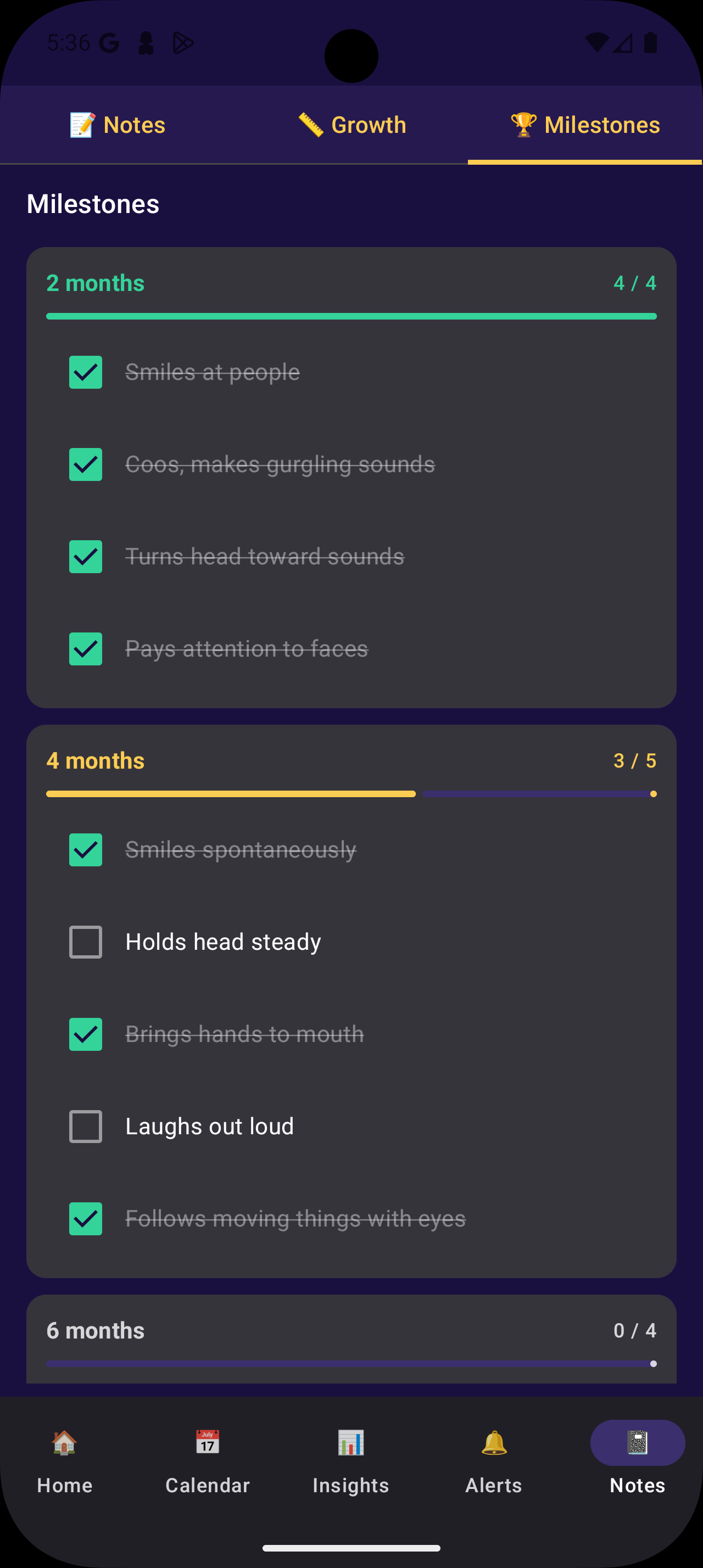 Baby Milestones screen